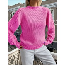 Selanik Örgü Kol Motifli Bisiklet Yaka Triko Kazak Fuşya