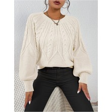 Saç Örgülü Bisiklet Yaka Italyan Kol Triko Beyaz Kazak