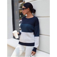 AQE FASHION Bisiklet Yaka Renk Bloklu Uzun Kollu Kadın Triko Kazak Lacivert/indigo/beyaz