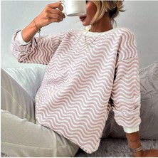 Bisiklet Yaka Dalga Desenli Triko Kazak Pudra