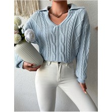 Örgü Desenli Polo Yaka Dekolte Detaylı Triko Kazak Bebe Mavisi