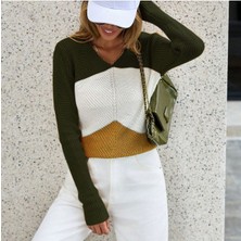 AQE FASHION Kadın Haki Beyaz Hardal Renk Bloklu Uzun Kollu Triko Kazak