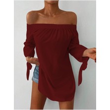 Kadın Madonna Yaka Kol Detaylı Bordo Elbise