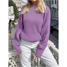 Selanik Örgü Kol Motifli Bisiklet Yaka Triko Kazak Lila