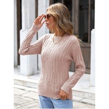 Saç Örgülü Desenli Bisiklet Yaka Triko Kazak Pudra