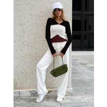 AQE FASHION Kadın Siyah Beyaz Bordo Renk Bloklu Uzun Kollu Triko Kazak