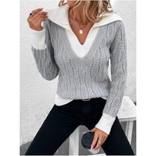 Kadın V Yaka Yürütme Desen Saç Örgü Gri Triko Kazak