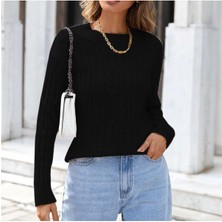 Saç Örgülü Desenli Bisiklet Yaka Triko Kazak Siyah