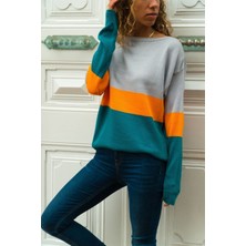 Kadın Üç Bloklu Kazak Gri-Turuncu-Petrol