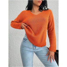 V Yaka Pirinç Örgü Rahat Kalıp Esnek Dokulu Kazak Turuncu