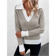 Kadın V Yaka Yürütme Desen Saç Örgü Vizon Triko Kazak