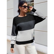 AQE FASHION Bisiklet Yaka Renk Bloklu Uzun Kollu Kadın Triko Kazak Antrasit/gri/beyaz