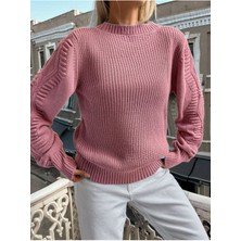 Selanik Örgü Kol Motifli Bisiklet Yaka Triko Kazak Pudra