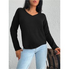 V Yaka Pirinç Örgü Rahat Kalıp Esnek Dokulu Siyah Renk Kazak