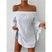 Kadın Madonna Yaka Kol Detaylı Beyaz Elbise