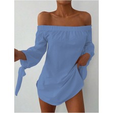 Kadın Madonna Yaka Kol Detaylı Bebe Mavisi Elbise