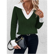 Kadın V Yaka Yürütme Desen Saç Örgü Nefti Triko Kazak