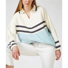 Kadın Ekru Bebe Mavi Renkli Füme Çizgi Detaylı Polo Yaka Triko Kazak