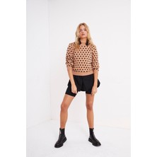 AQE FASHION Kadın Kahverengi Bisiklet Yaka Puantiyeli Kazak