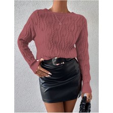 Kadın Bisiklet Yaka Yaprak Desenli Ajurlu Tarçın Triko Kazak