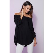 Kadın Madonna Yaka Kol Detaylı Siyah Elbise