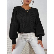 Saç Örgülü Bisiklet Yaka Italyan Kol Triko Siyah Kazak