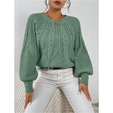 Saç Örgülü Bisiklet Yaka Italyan Kol Triko Mint Kazak