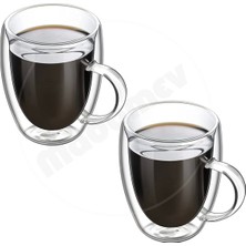 madamev 2'li Çift Cidarlı Bardak 350ML Isıya Dayanıklı Borosilikat Espresso Sunum Bardağı Kulplu Kahve Kupa