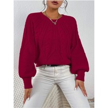 Saç Örgülü Bisiklet Yaka Italyan Kol Triko Bordo Kazak