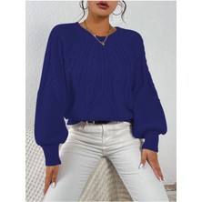 AQE FASHION Saç Örgülü Bisiklet Yaka Italyan Kol Triko Sax Mavi Kazak