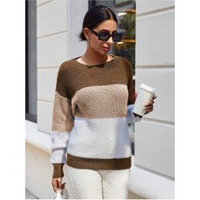 AQE FASHION Bisiklet Yaka Renk Bloklu Uzun Kollu Kadın Triko Kazak Camel/tas/beyaz