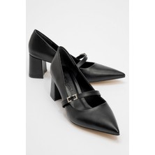 Ccway Kadın Kemerli Taşlı Topuklu Ayakkabı Siyah Cilt