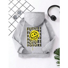 Asgard Wear Çocuk Unisex Kapüşonlu Emoji Baskılı Sweatshirt - Gri