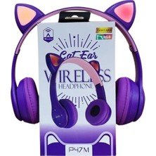 MerciTech Kız Çocuklar Için Kedi Kulaklı Işıklı Mikrofonlu Kablosuz Bluetooth Kedili Çocuk Kulaklık