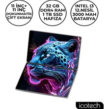 Icotech DS11 Plus 11+11 Inç I3 12.nesil 32GB Ram 1 Tb SSD Çift Ekranlı Dokunmatik Laptop Dizüstü Bilgisayar