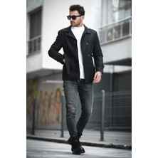 Oksit Lusaka Slim Fit Kemer Detaylı Su Itici Trençkot Dokuma Malzemeden Erkekler İçin Siyah