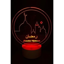 Woodhub Akrilik Ramadan Mubarak Figürlü Dekoratif  LED Masa Lambası | 7 Işık Rengi | Ahşap Taban Ener