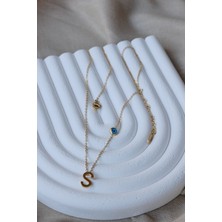 First Jewelry Nazar Boncuklu Gold S Harf Kolye (316L)