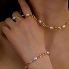 By Song Jewelry Gerçek Incili Çelik Kolye Bileklik Seti