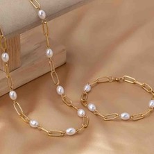 By Song Jewelry Gerçek Incili Çelik Kolye Bileklik Seti