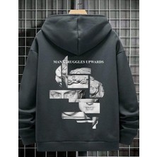 Belabre Oversize Erkek Man Struggles Baskılı Antrasit Kapüşonlu Sweatshirt