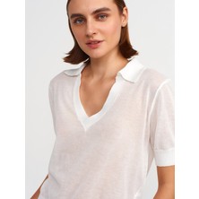 Dilvin 10570 Polo Yaka Transparan Bluz-Beyaz