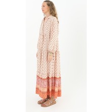 Deseo Boutique Kadın Soft Bej-Turuncu Renk Efsane Dokusu Ile Uzun Tesettür Elbise