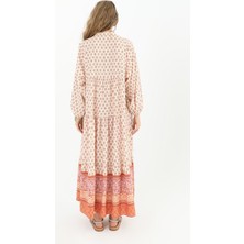 Deseo Boutique Kadın Soft Bej-Turuncu Renk Efsane Dokusu Ile Uzun Tesettür Elbise