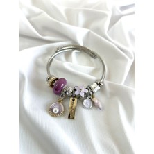 Uzay Accessories 316L Çelik Pandora, Inci ve Love Detaylı Charm Bileklik Mor Taşlı