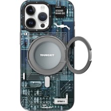 YoungKit iPhone 16 Pro Uyumlu Kılıf Magsafe Şarj Özellikli Youngkit 360° Standlı Technology Serisi Kapak Mavi