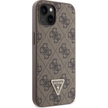 iPhone 14 Uyumlu Kılıf Guess Orjinal Lisanslı Pu Deri Taşlı Üçgen Logo 4g Desenli Kapak Kahverengi