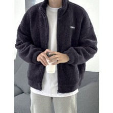 Genius Store Oversize Tam Fermuarlı Kuzu Sweatshirt Içi Polarlı Sherpa Kumaş Sweatshirt Füme M