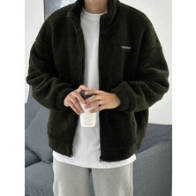 Genius Store Oversize Tam Fermuarlı Kuzu Sweatshirt Içi Polarlı Sherpa Kumaş Sweatshirt Haki Xl