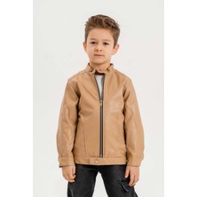 Gold Class Kidswear Fermuarlı Erkek Çocuk Deri Ceket Su Geçirmez Uzun Kol Midi Boy Bej